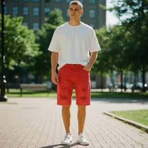 Copper Rivet Distressed Denim Hip Hop Grunge Streetwear Jean Shorts Red Sz‎ 34